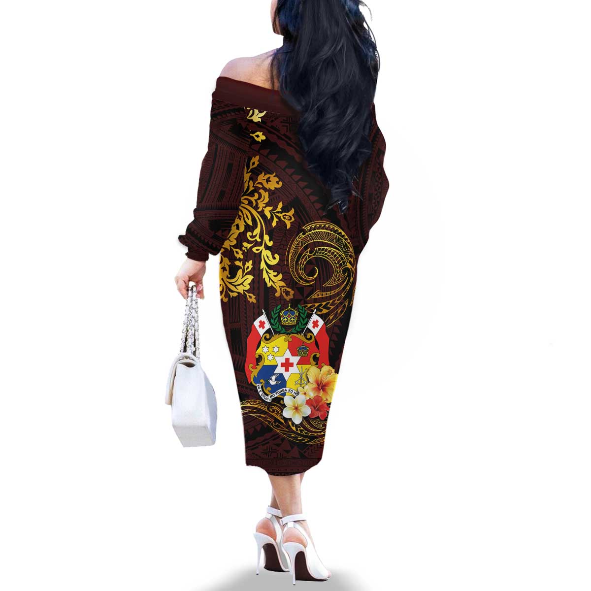 Tonga Ngatu and Hibiscus with Polynesian Tattoo Family Matching Off The Shoulder Long Sleeve Dress and Hawaiian Shirt Gold and Oxblood Color LT03 - Polynesian Pride