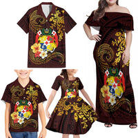 Tonga Ngatu and Hibiscus with Polynesian Tattoo Family Matching Off Shoulder Maxi Dress and Hawaiian Shirt Gold and Oxblood Color LT03 - Polynesian Pride