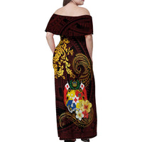 Tonga Ngatu and Hibiscus with Polynesian Tattoo Family Matching Off Shoulder Maxi Dress and Hawaiian Shirt Gold and Oxblood Color LT03 - Polynesian Pride