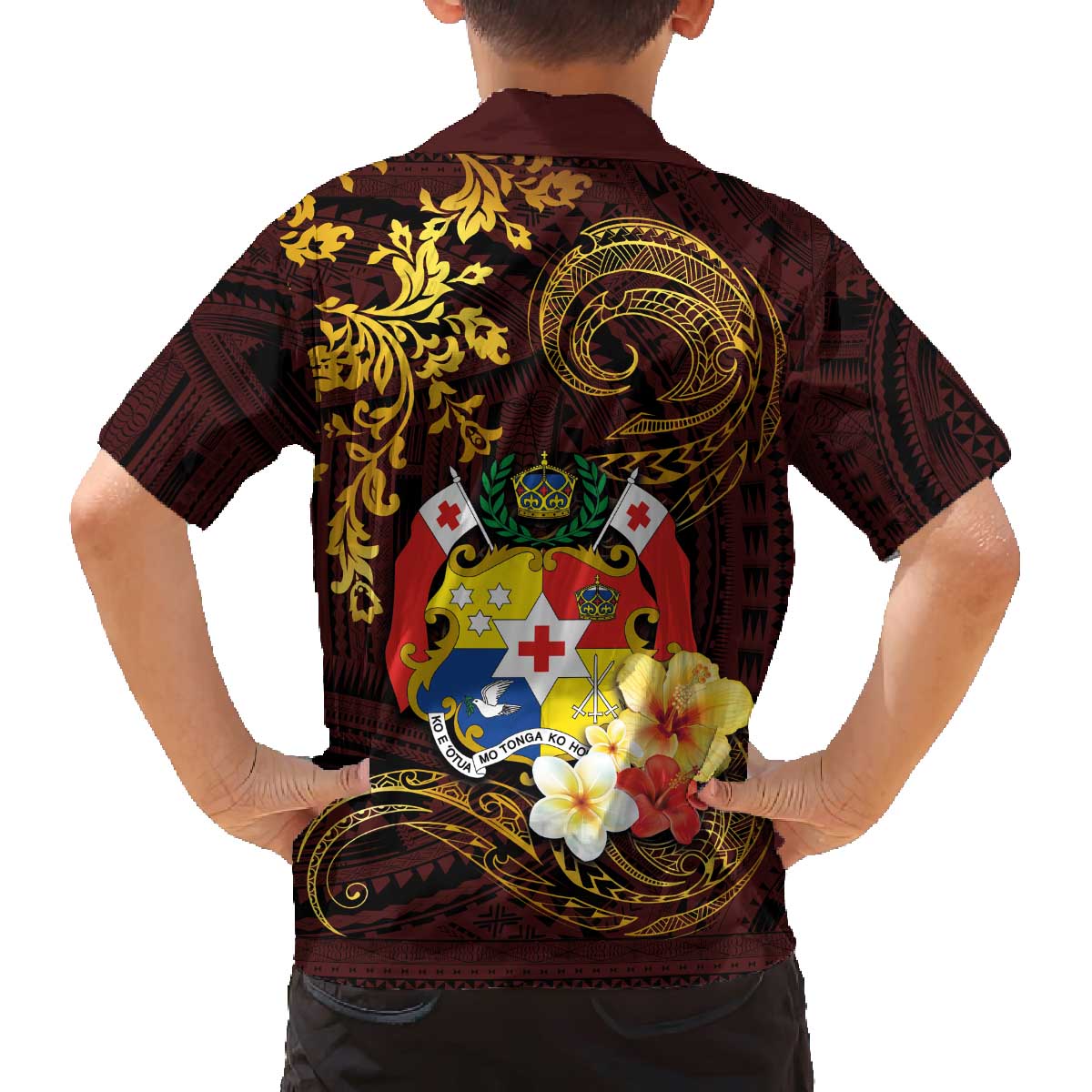 Tonga Ngatu and Hibiscus with Polynesian Tattoo Family Matching Off Shoulder Short Dress and Hawaiian Shirt Gold and Oxblood Color LT03 - Polynesian Pride
