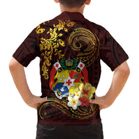 Tonga Ngatu and Hibiscus with Polynesian Tattoo Family Matching Off Shoulder Short Dress and Hawaiian Shirt Gold and Oxblood Color LT03 - Polynesian Pride