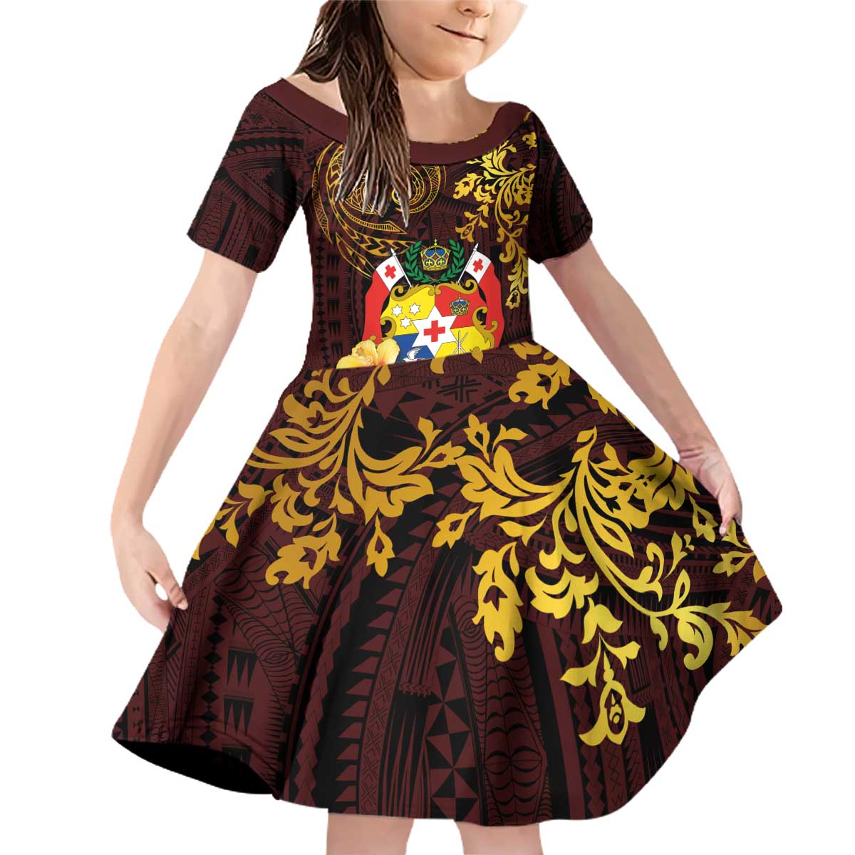Tonga Ngatu and Hibiscus with Polynesian Tattoo Family Matching Off Shoulder Short Dress and Hawaiian Shirt Gold and Oxblood Color LT03 Daughter's Dress Oxblood - Polynesian Pride