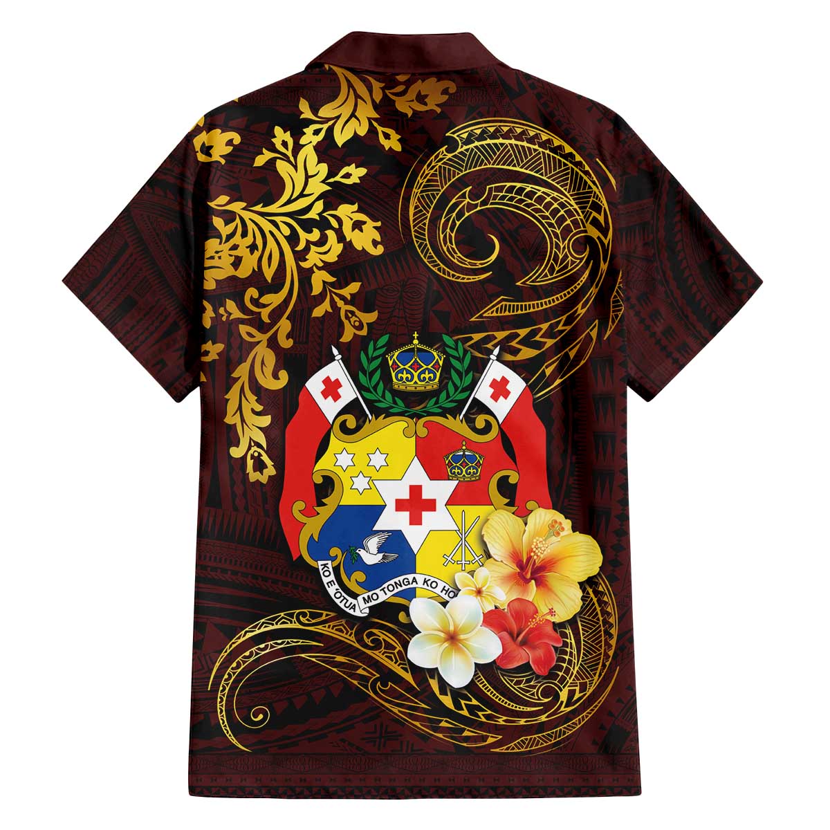 Tonga Ngatu and Hibiscus with Polynesian Tattoo Family Matching Off Shoulder Short Dress and Hawaiian Shirt Gold and Oxblood Color LT03 - Polynesian Pride