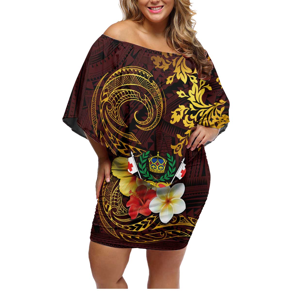 Tonga Ngatu and Hibiscus with Polynesian Tattoo Family Matching Off Shoulder Short Dress and Hawaiian Shirt Gold and Oxblood Color LT03 Mom's Dress Oxblood - Polynesian Pride