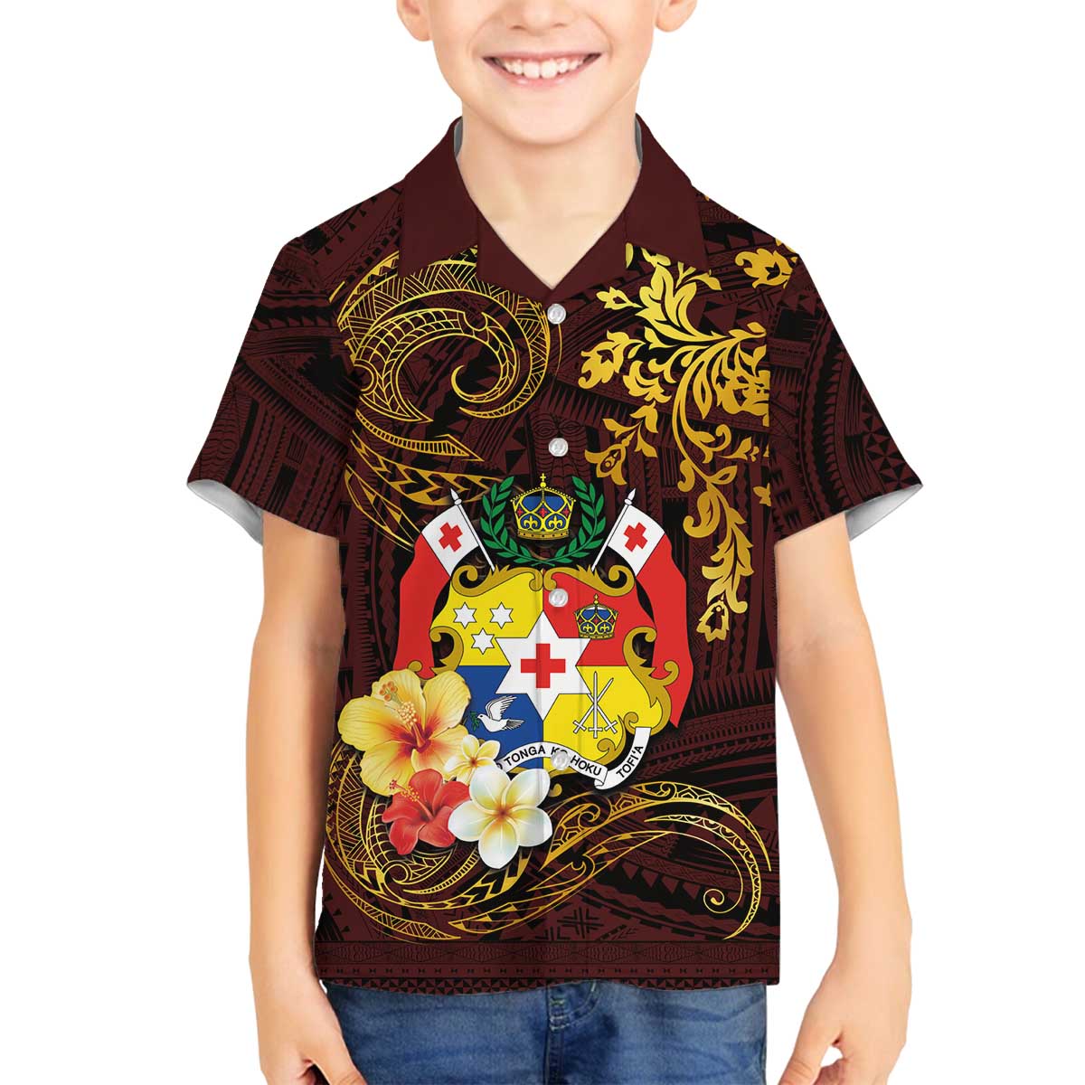 Tonga Ngatu and Hibiscus with Polynesian Tattoo Family Matching Off Shoulder Short Dress and Hawaiian Shirt Gold and Oxblood Color LT03 Son's Shirt Oxblood - Polynesian Pride