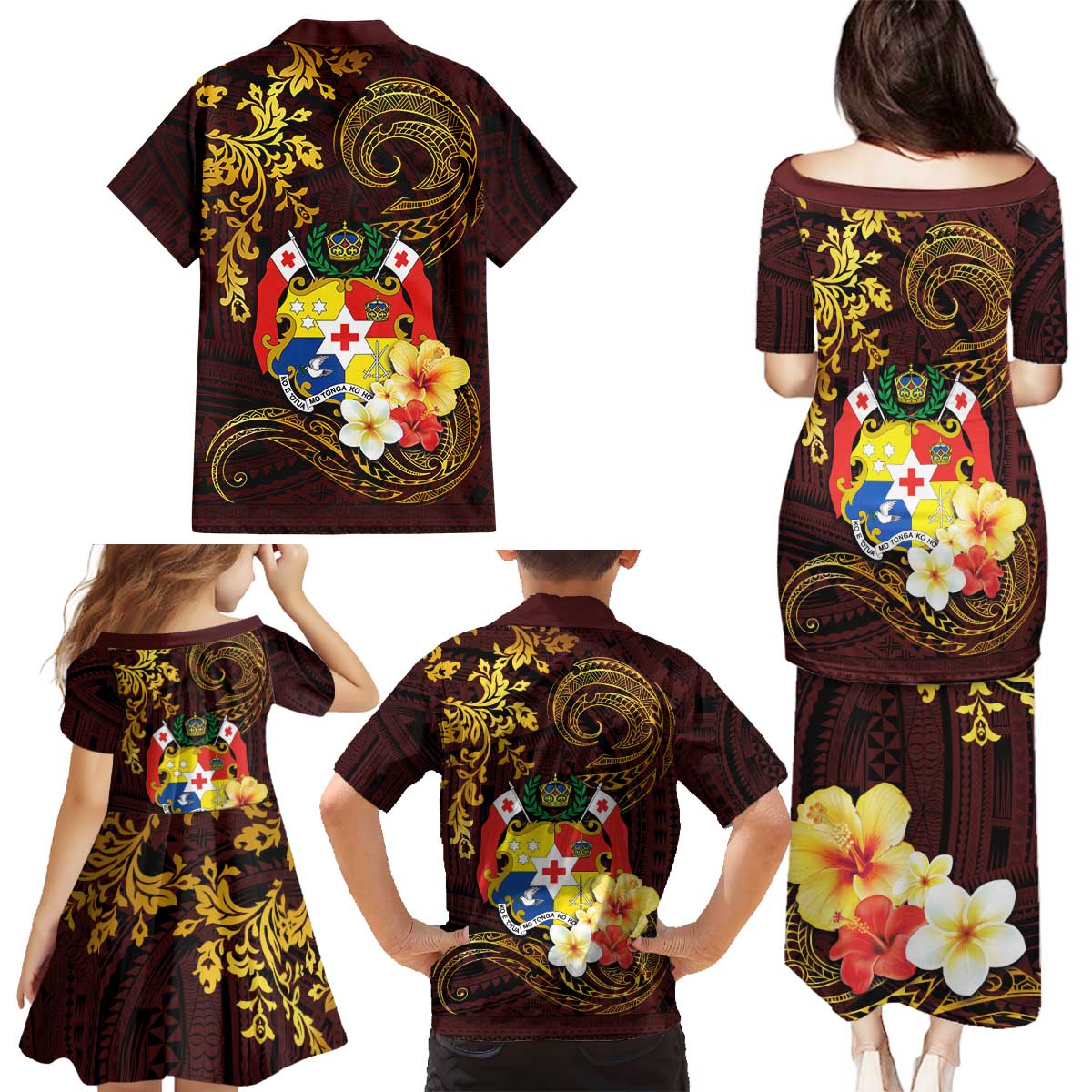 Tonga Ngatu and Hibiscus with Polynesian Tattoo Family Matching Puletasi and Hawaiian Shirt Gold and Oxblood Color LT03 - Polynesian Pride