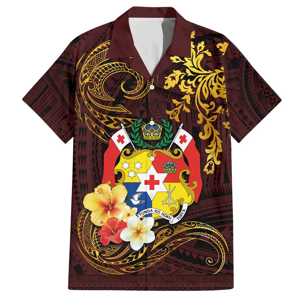 Tonga Ngatu and Hibiscus with Polynesian Tattoo Family Matching Puletasi and Hawaiian Shirt Gold and Oxblood Color LT03 Dad's Shirt - Short Sleeve Oxblood - Polynesian Pride
