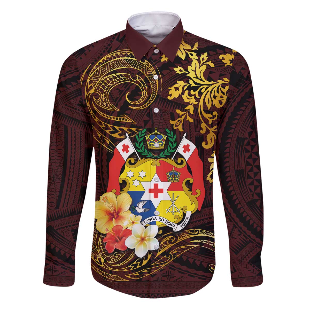 Tonga Ngatu and Hibiscus with Polynesian Tattoo Family Matching Puletasi and Hawaiian Shirt Gold and Oxblood Color LT03 Dad's Shirt - Long Sleeve Oxblood - Polynesian Pride