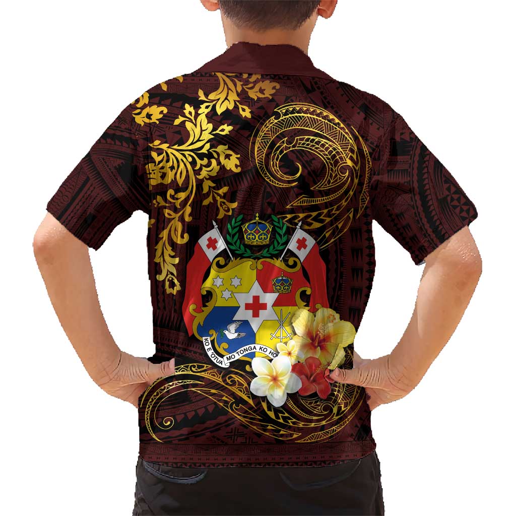 Tonga Ngatu and Hibiscus with Polynesian Tattoo Family Matching Short Sleeve Bodycon Dress and Hawaiian Shirt Gold and Oxblood Color LT03 - Polynesian Pride