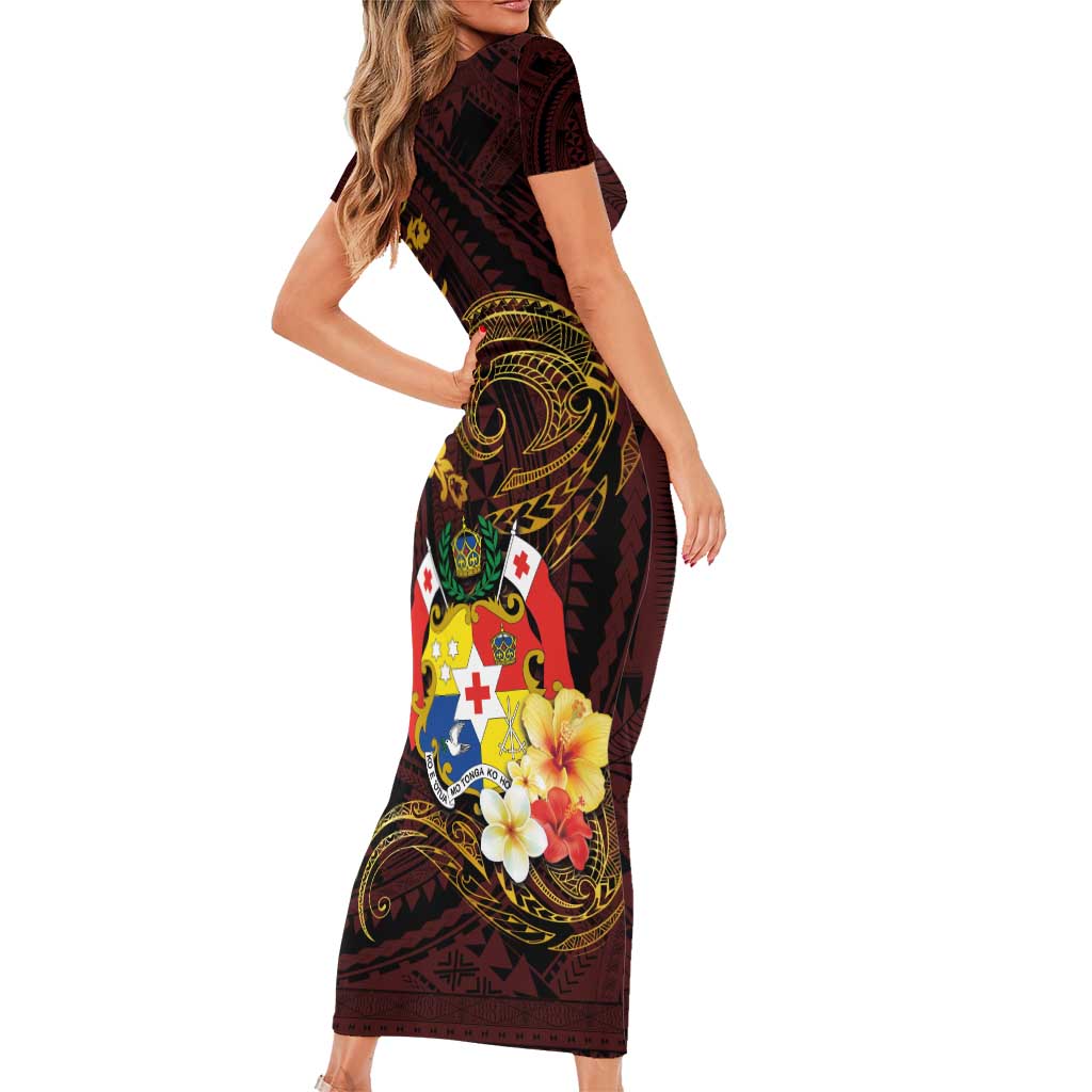 Tonga Ngatu and Hibiscus with Polynesian Tattoo Family Matching Short Sleeve Bodycon Dress and Hawaiian Shirt Gold and Oxblood Color LT03 - Polynesian Pride