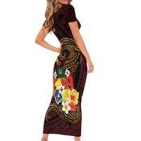 Tonga Ngatu and Hibiscus with Polynesian Tattoo Family Matching Short Sleeve Bodycon Dress and Hawaiian Shirt Gold and Oxblood Color LT03 - Polynesian Pride