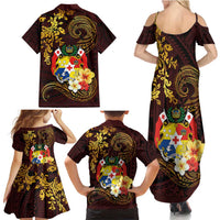 Tonga Ngatu and Hibiscus with Polynesian Tattoo Family Matching Summer Maxi Dress and Hawaiian Shirt Gold and Oxblood Color LT03 - Polynesian Pride