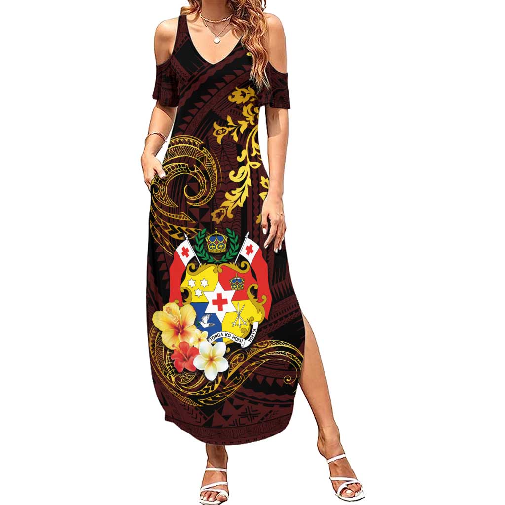Tonga Ngatu and Hibiscus with Polynesian Tattoo Family Matching Summer Maxi Dress and Hawaiian Shirt Gold and Oxblood Color LT03 Mom's Dress Oxblood - Polynesian Pride