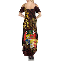 Tonga Ngatu and Hibiscus with Polynesian Tattoo Family Matching Summer Maxi Dress and Hawaiian Shirt Gold and Oxblood Color LT03 - Polynesian Pride