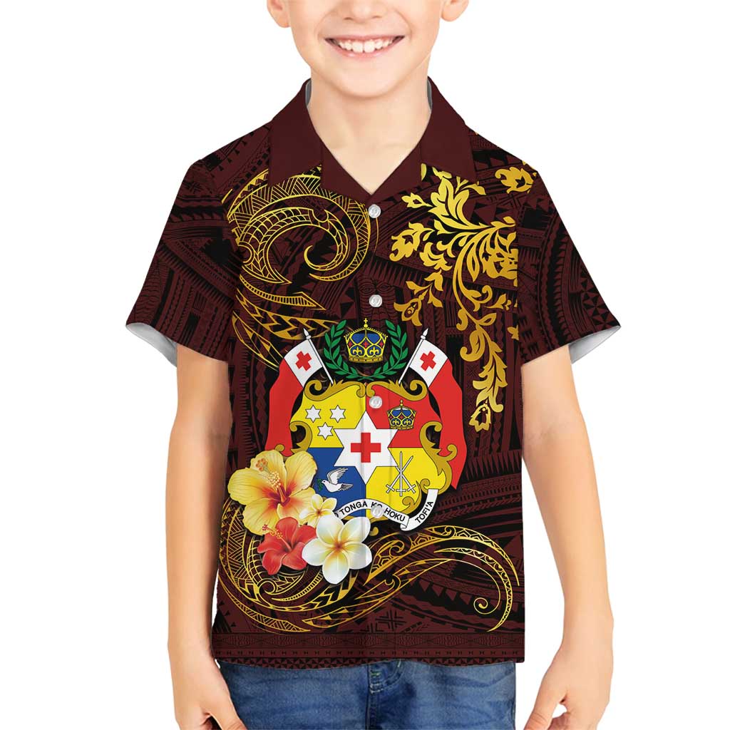 Tonga Ngatu and Hibiscus with Polynesian Tattoo Family Matching Summer Maxi Dress and Hawaiian Shirt Gold and Oxblood Color LT03 Son's Shirt Oxblood - Polynesian Pride