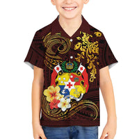 Tonga Ngatu and Hibiscus with Polynesian Tattoo Family Matching Summer Maxi Dress and Hawaiian Shirt Gold and Oxblood Color LT03 Son's Shirt Oxblood - Polynesian Pride