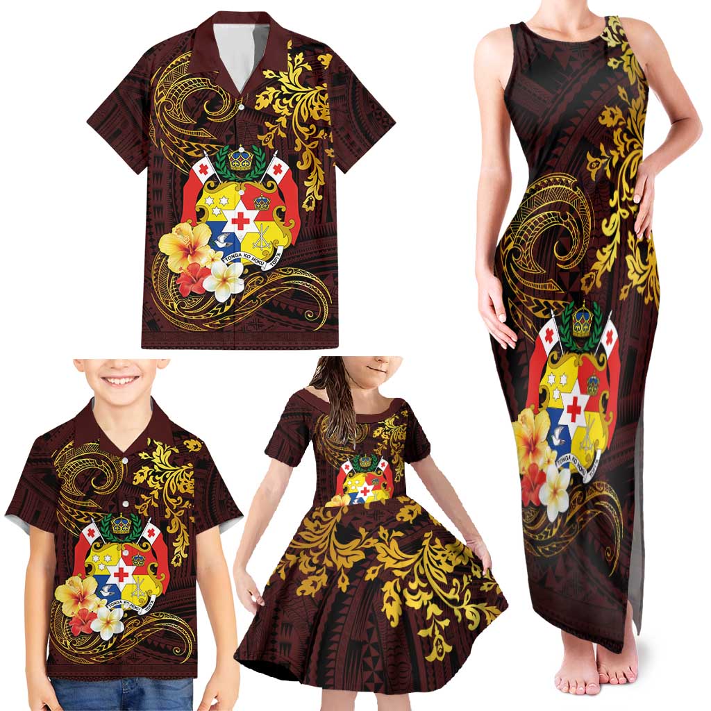Tonga Ngatu and Hibiscus with Polynesian Tattoo Family Matching Tank Maxi Dress and Hawaiian Shirt Gold and Oxblood Color LT03 - Polynesian Pride