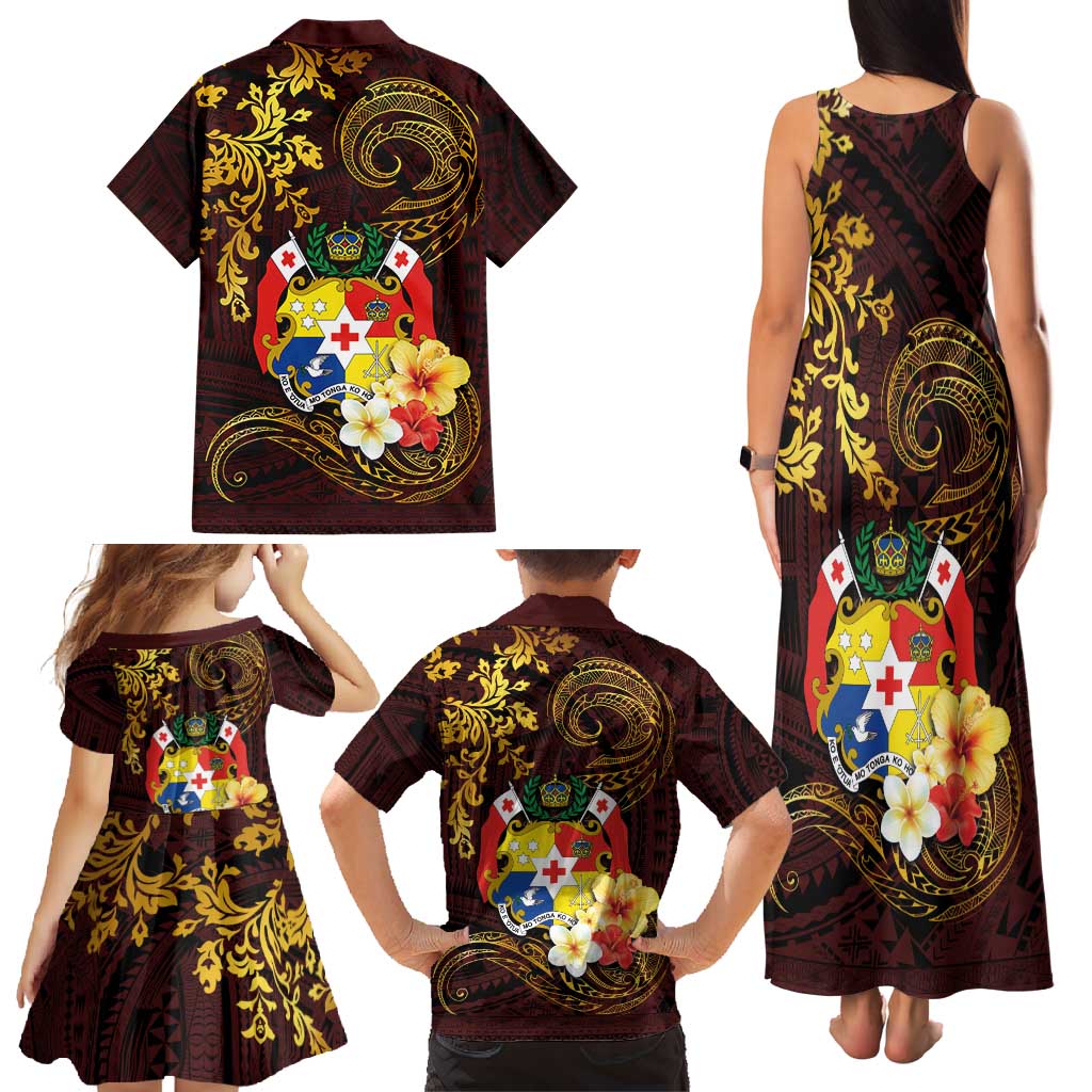 Tonga Ngatu and Hibiscus with Polynesian Tattoo Family Matching Tank Maxi Dress and Hawaiian Shirt Gold and Oxblood Color LT03 - Polynesian Pride