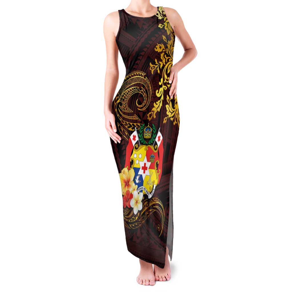 Tonga Ngatu and Hibiscus with Polynesian Tattoo Family Matching Tank Maxi Dress and Hawaiian Shirt Gold and Oxblood Color LT03 Mom's Dress Oxblood - Polynesian Pride