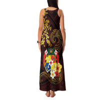 Tonga Ngatu and Hibiscus with Polynesian Tattoo Family Matching Tank Maxi Dress and Hawaiian Shirt Gold and Oxblood Color LT03 - Polynesian Pride