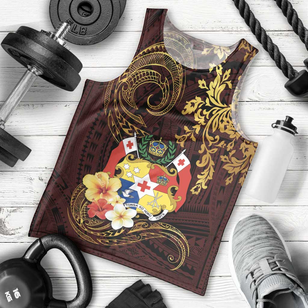 Tonga Ngatu and Hibiscus with Polynesian Tattoo Men Tank Top Gold and Oxblood Color