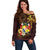 Tonga Ngatu and Hibiscus with Polynesian Tattoo Off Shoulder Sweater Gold and Oxblood Color