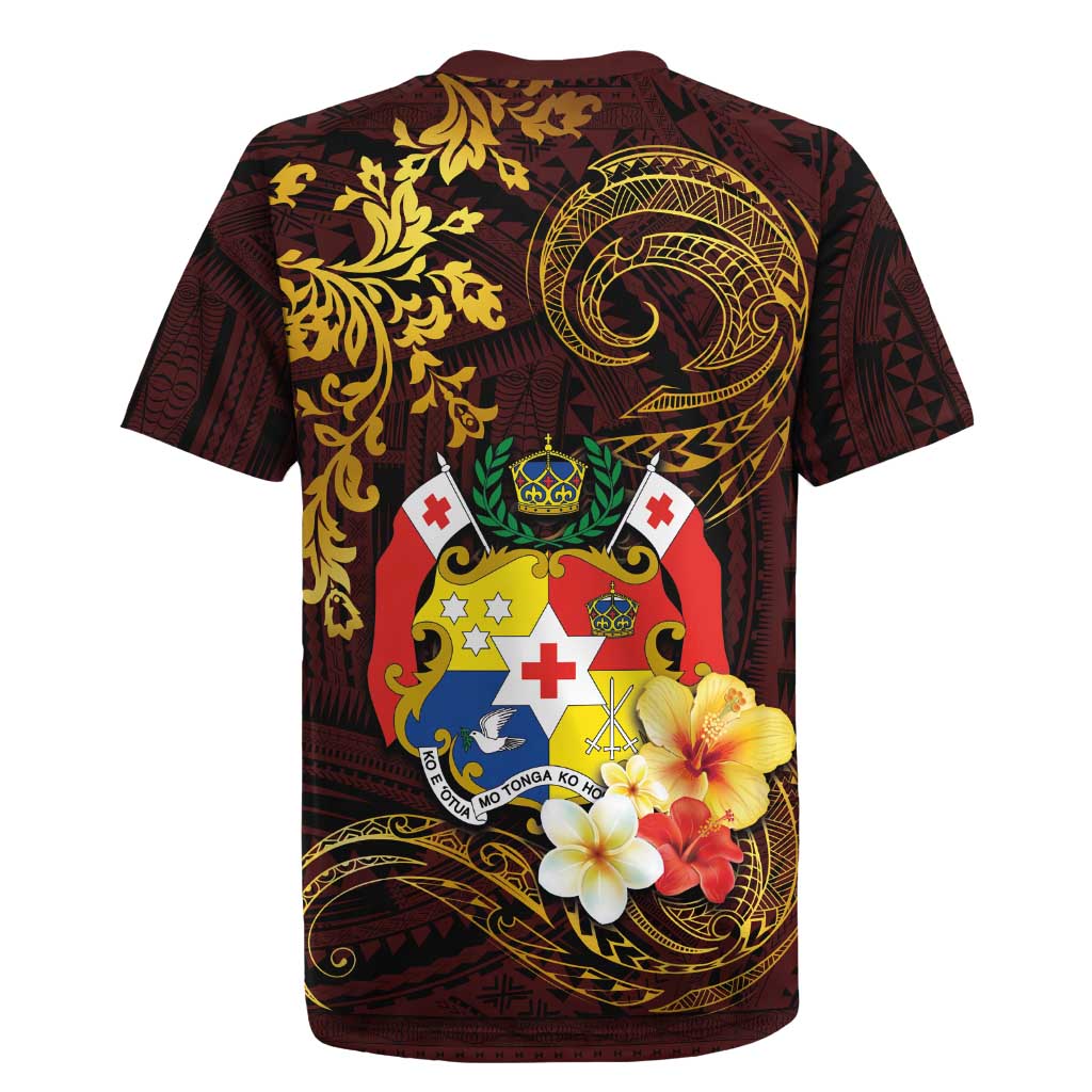 Tonga Ngatu and Hibiscus with Polynesian Tattoo Rugby Jersey Gold and Oxblood Color