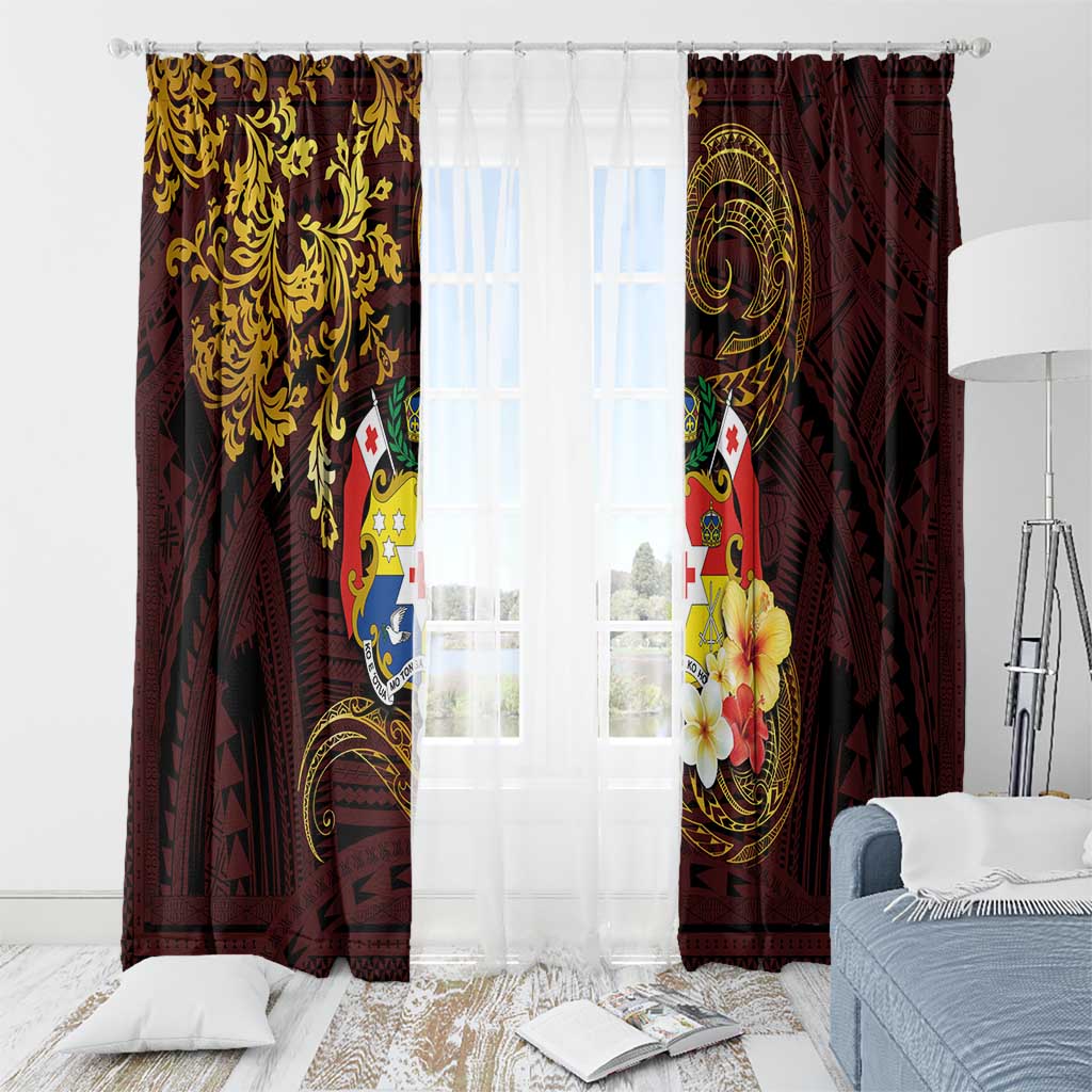 Tonga Ngatu and Hibiscus with Polynesian Tattoo Window Curtain Gold and Oxblood Color