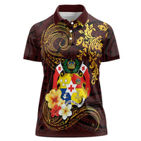 Tonga Ngatu and Hibiscus with Polynesian Tattoo Women Polo Shirt Gold and Oxblood Color LT03 Female Oxblood - Polynesian Pride
