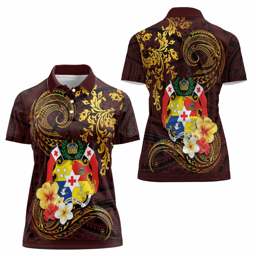 Tonga Ngatu and Hibiscus with Polynesian Tattoo Women Polo Shirt Gold and Oxblood Color LT03 - Polynesian Pride