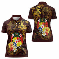 Tonga Ngatu and Hibiscus with Polynesian Tattoo Women Polo Shirt Gold and Oxblood Color LT03 - Polynesian Pride