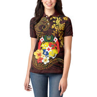 Tonga Ngatu and Hibiscus with Polynesian Tattoo Women Polo Shirt Gold and Oxblood Color LT03 - Polynesian Pride