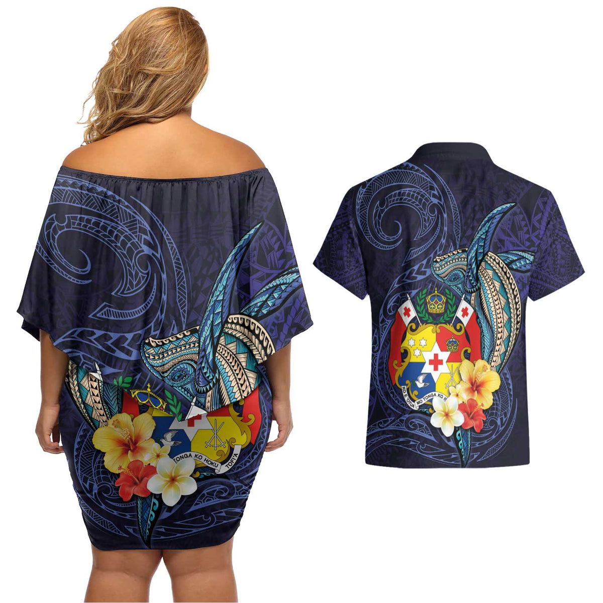 Tonga Vava'u Humpback Whale Blue Water Couples Matching Off Shoulder Short Dress and Hawaiian Shirt Polynesian Hibiscus Flowers