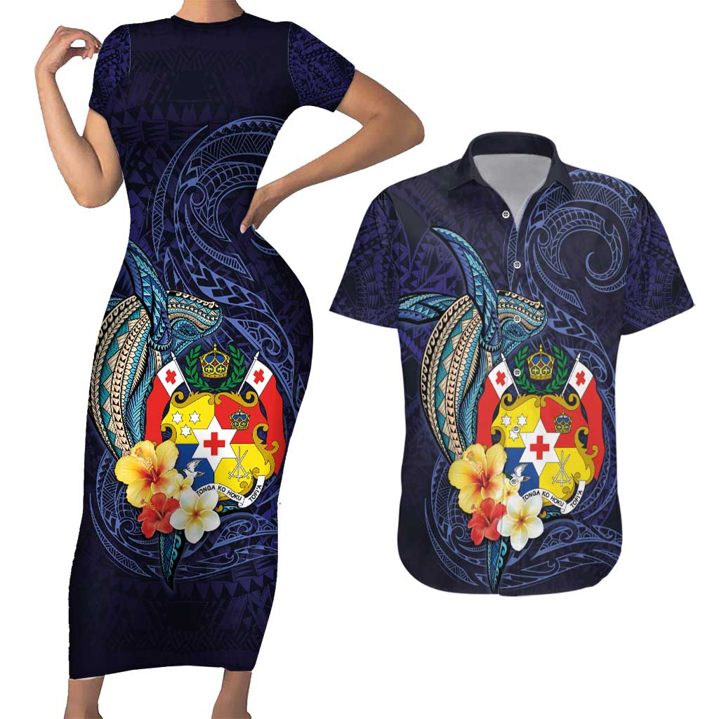 Tonga Vava'u Humpback Whale Blue Water Couples Matching Short Sleeve Bodycon Dress and Hawaiian Shirt Polynesian Hibiscus Flowers LT03 Blue - Polynesian Pride