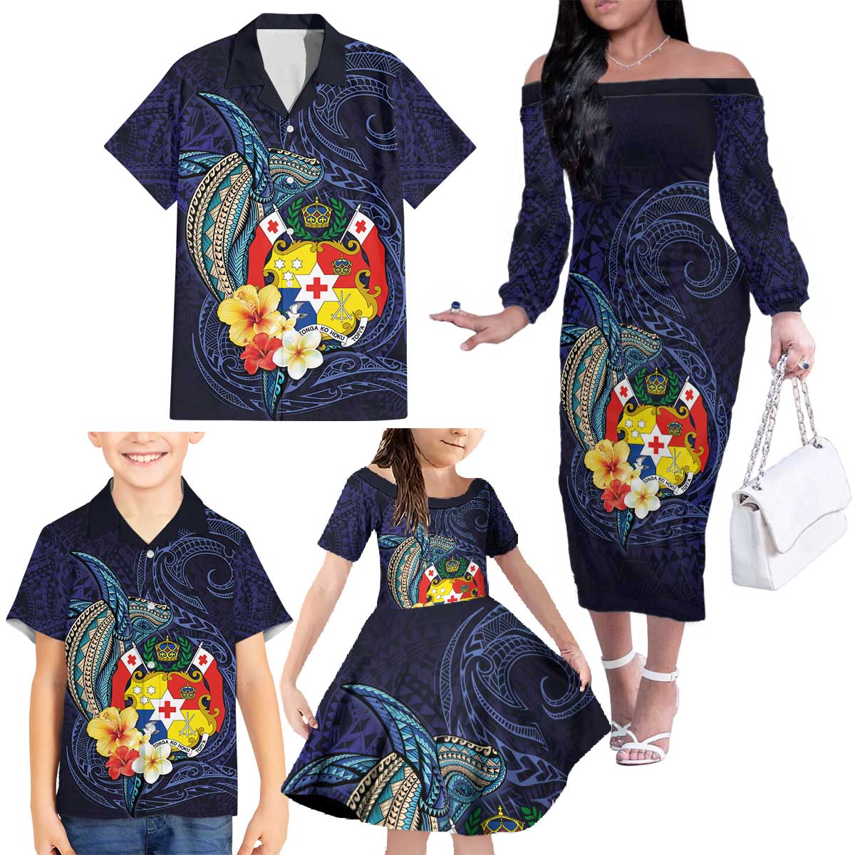 Tonga Vava'u Humpback Whale Blue Water Family Matching Off The Shoulder Long Sleeve Dress and Hawaiian Shirt Polynesian Hibiscus Flowers LT03 - Polynesian Pride