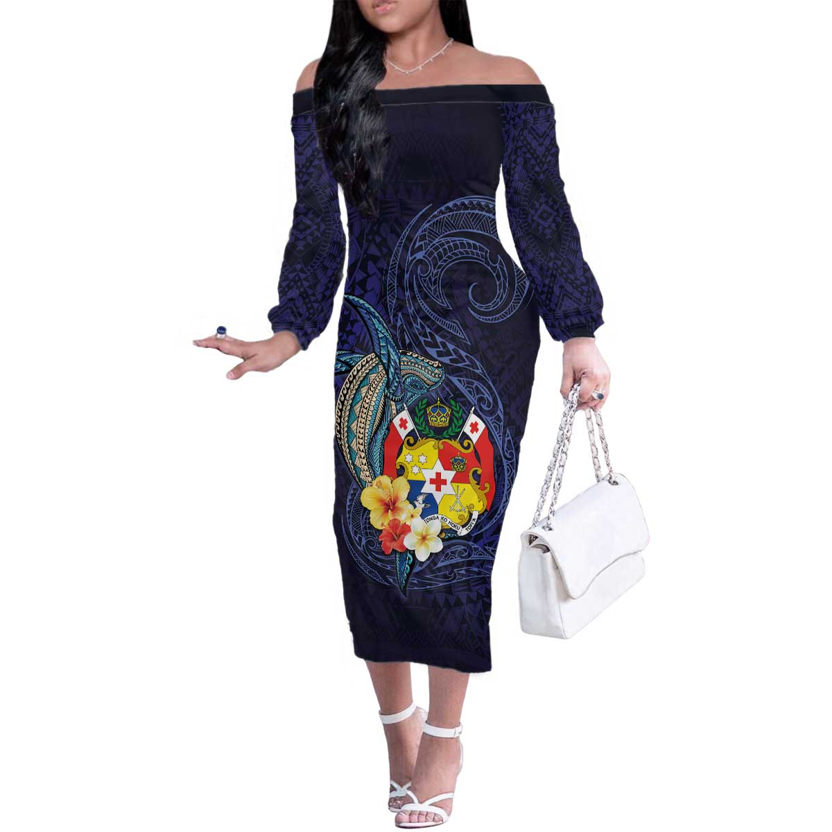 Tonga Vava'u Humpback Whale Blue Water Family Matching Off The Shoulder Long Sleeve Dress and Hawaiian Shirt Polynesian Hibiscus Flowers LT03 Mom's Dress Blue - Polynesian Pride