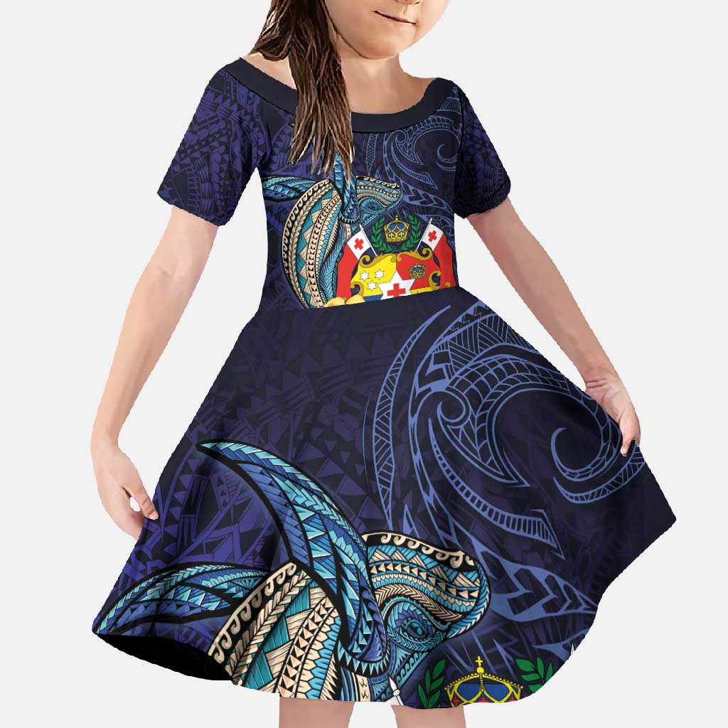 Tonga Vava'u Humpback Whale Blue Water Family Matching Off Shoulder Maxi Dress and Hawaiian Shirt Polynesian Hibiscus Flowers LT03 Daughter's Dress Blue - Polynesian Pride