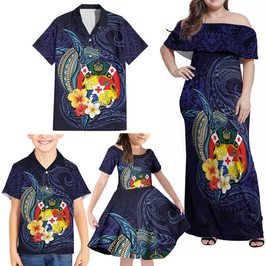 Tonga Vava'u Humpback Whale Blue Water Family Matching Off Shoulder Maxi Dress and Hawaiian Shirt Polynesian Hibiscus Flowers LT03 - Polynesian Pride