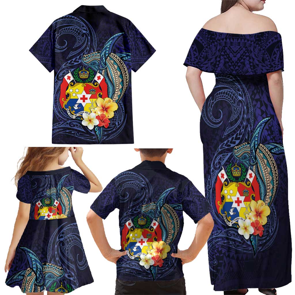 Tonga Vava'u Humpback Whale Blue Water Family Matching Off Shoulder Maxi Dress and Hawaiian Shirt Polynesian Hibiscus Flowers LT03 - Polynesian Pride