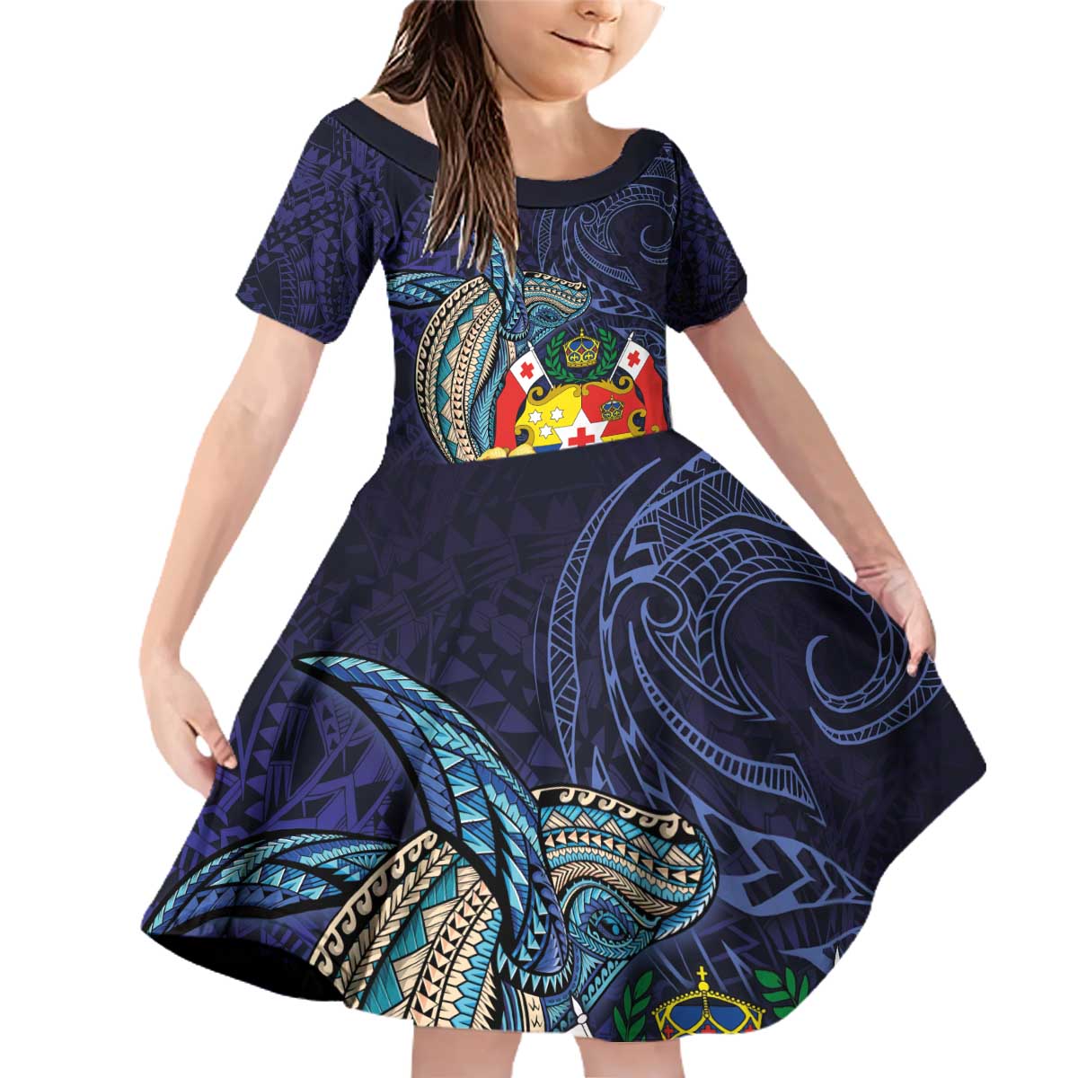 Tonga Vava'u Humpback Whale Blue Water Family Matching Off Shoulder Short Dress and Hawaiian Shirt Polynesian Hibiscus Flowers LT03 Daughter's Dress Blue - Polynesian Pride