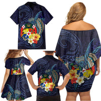 Tonga Vava'u Humpback Whale Blue Water Family Matching Off Shoulder Short Dress and Hawaiian Shirt Polynesian Hibiscus Flowers LT03 - Polynesian Pride