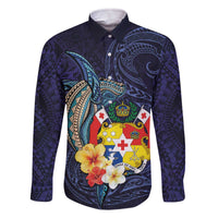 Tonga Vava'u Humpback Whale Blue Water Family Matching Off Shoulder Short Dress and Hawaiian Shirt Polynesian Hibiscus Flowers LT03 Dad's Shirt - Long Sleeve Blue - Polynesian Pride