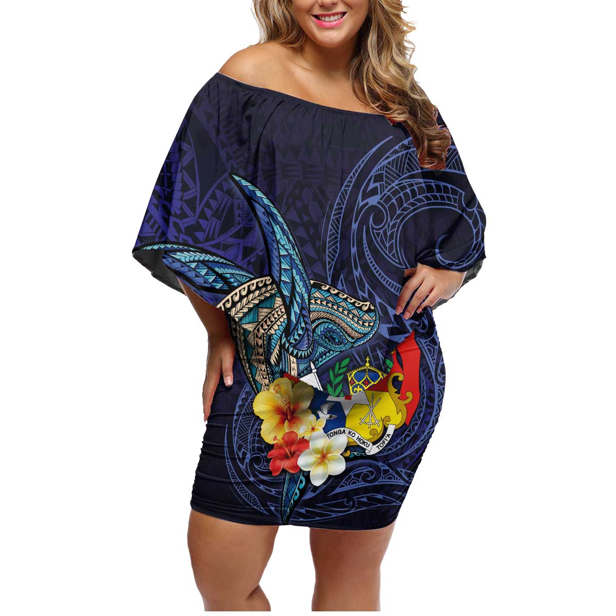 Tonga Vava'u Humpback Whale Blue Water Family Matching Off Shoulder Short Dress and Hawaiian Shirt Polynesian Hibiscus Flowers LT03 Mom's Dress Blue - Polynesian Pride