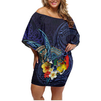 Tonga Vava'u Humpback Whale Blue Water Family Matching Off Shoulder Short Dress and Hawaiian Shirt Polynesian Hibiscus Flowers LT03 Mom's Dress Blue - Polynesian Pride