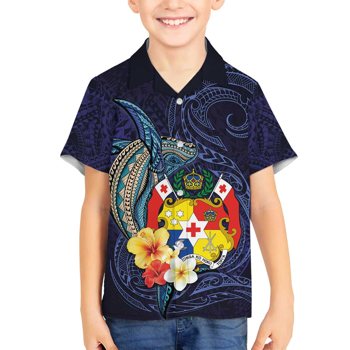 Tonga Vava'u Humpback Whale Blue Water Family Matching Off Shoulder Short Dress and Hawaiian Shirt Polynesian Hibiscus Flowers LT03 Son's Shirt Blue - Polynesian Pride