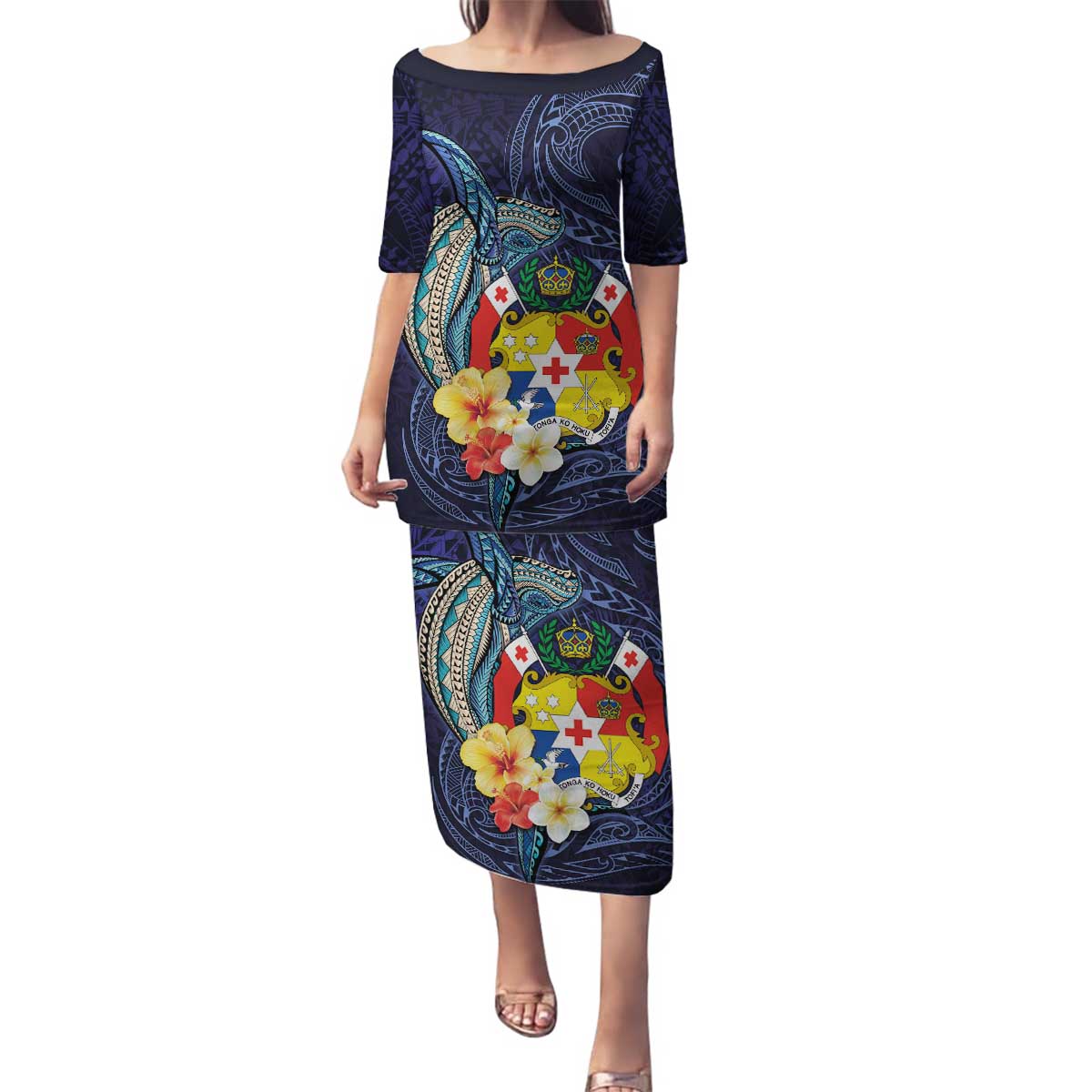 Tonga Vava'u Humpback Whale Blue Water Family Matching Puletasi and Hawaiian Shirt Polynesian Hibiscus Flowers LT03 Mom's Dress Blue - Polynesian Pride