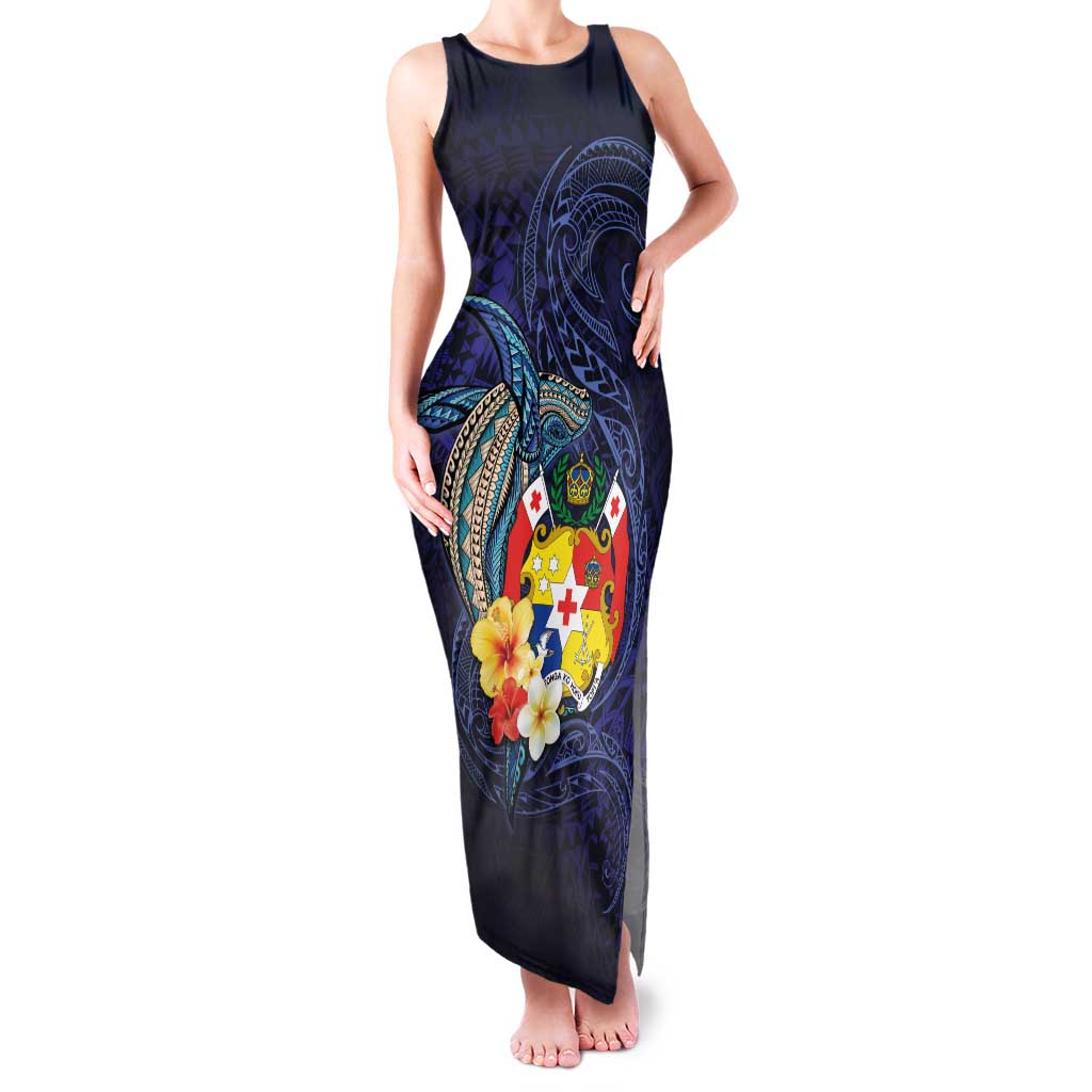 Tonga Vava'u Humpback Whale Blue Water Family Matching Tank Maxi Dress and Hawaiian Shirt Polynesian Hibiscus Flowers LT03 Mom's Dress Blue - Polynesian Pride