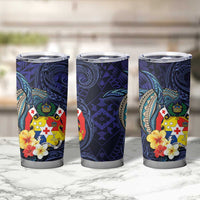 Tonga Vava'u Humpback Whale Blue Water Tumbler Cup Polynesian Hibiscus Flowers LT03 - Polynesian Pride