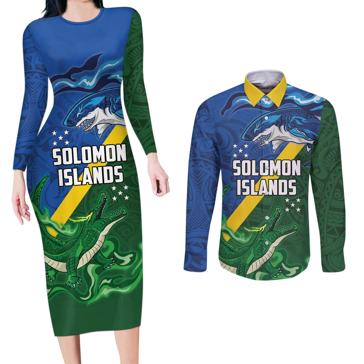 Solomon Islands Polynesian Tribal Shark and Crocodile Couples Matching Long Sleeve Bodycon Dress and Long Sleeve Button Shirt