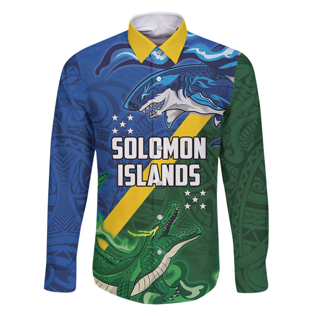 Solomon Islands Polynesian Tribal Shark and Crocodile Family Matching Long Sleeve Bodycon Dress and Hawaiian Shirt LT03 Dad's Shirt - Long Sleeve Blue - Polynesian Pride